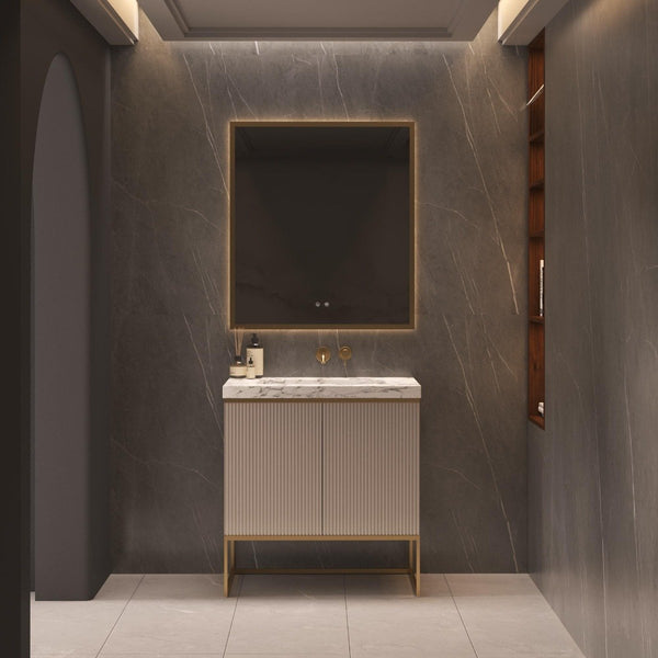 Belgravia Beige Fluted Vanity Unit With Natural Marble Countertop and Steel legs - 800mm