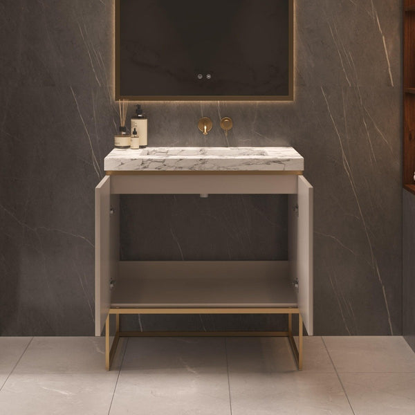 Belgravia Beige Fluted Vanity Unit With Natural Marble Countertop and Steel legs - 800mm