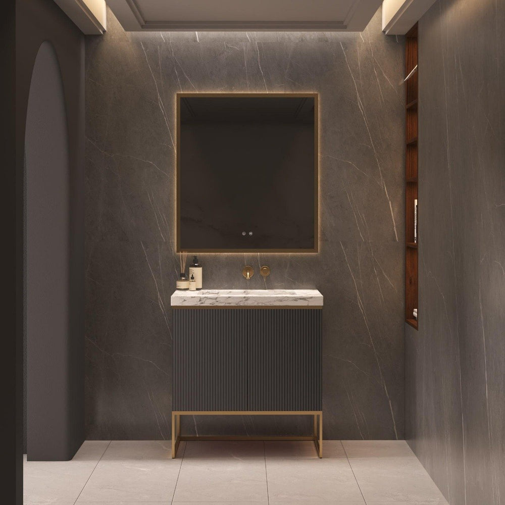 Belgravia Matt Black Fluted Floorstanding Vanity Unit With Marble Countertop - 800mm