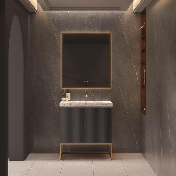 Belgravia Matt Black Fluted Floorstanding Vanity Unit With Marble Countertop - 800mm