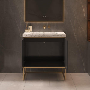 Belgravia Matt Black Fluted Floorstanding Vanity Unit With Marble Countertop - 800mm