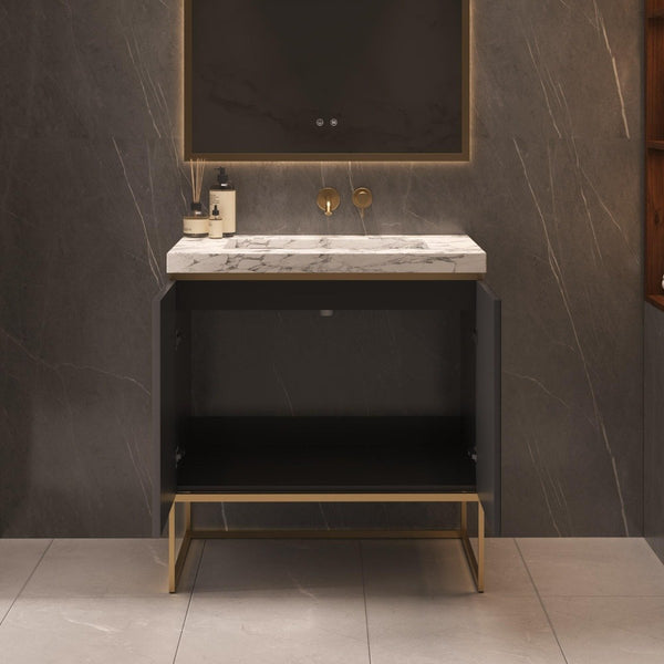 Belgravia Matt Black Fluted Floorstanding Vanity Unit With Marble Countertop - 800mm