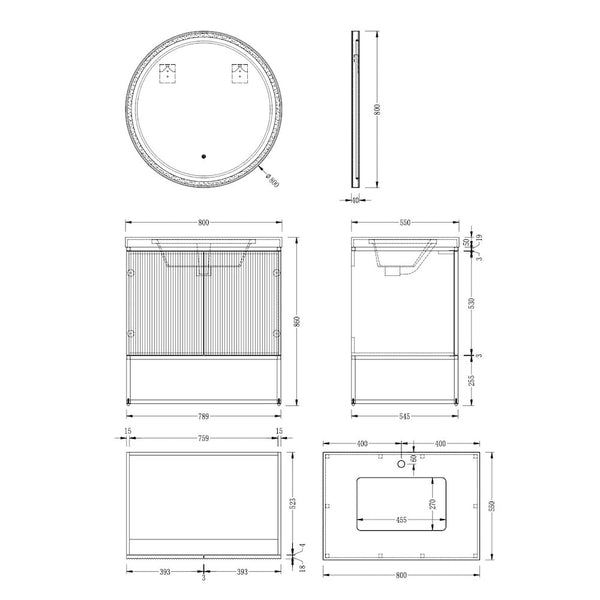 Milan Grey Fluted Vanity With Porcelain Top - 800mm
