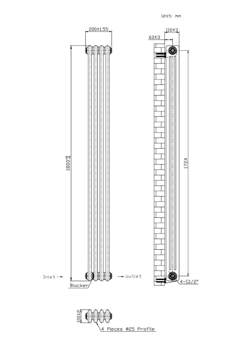 Hampton Traditional White 3 Column Radiator - 200x1800mm