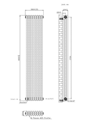 Hampton Traditional White 3 Column Radiator - 380x1800mm
