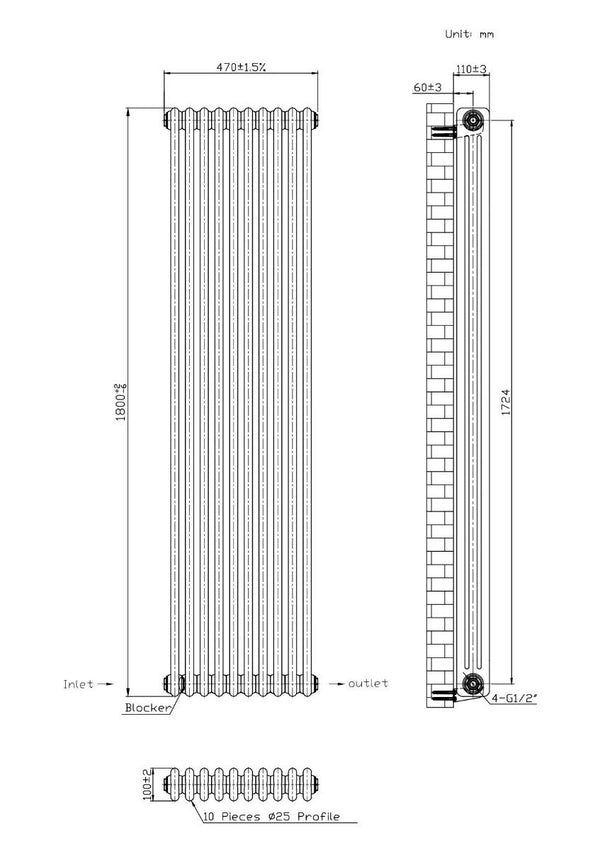 Hampton Traditional White 3 Column Radiator - 470x1800mm
