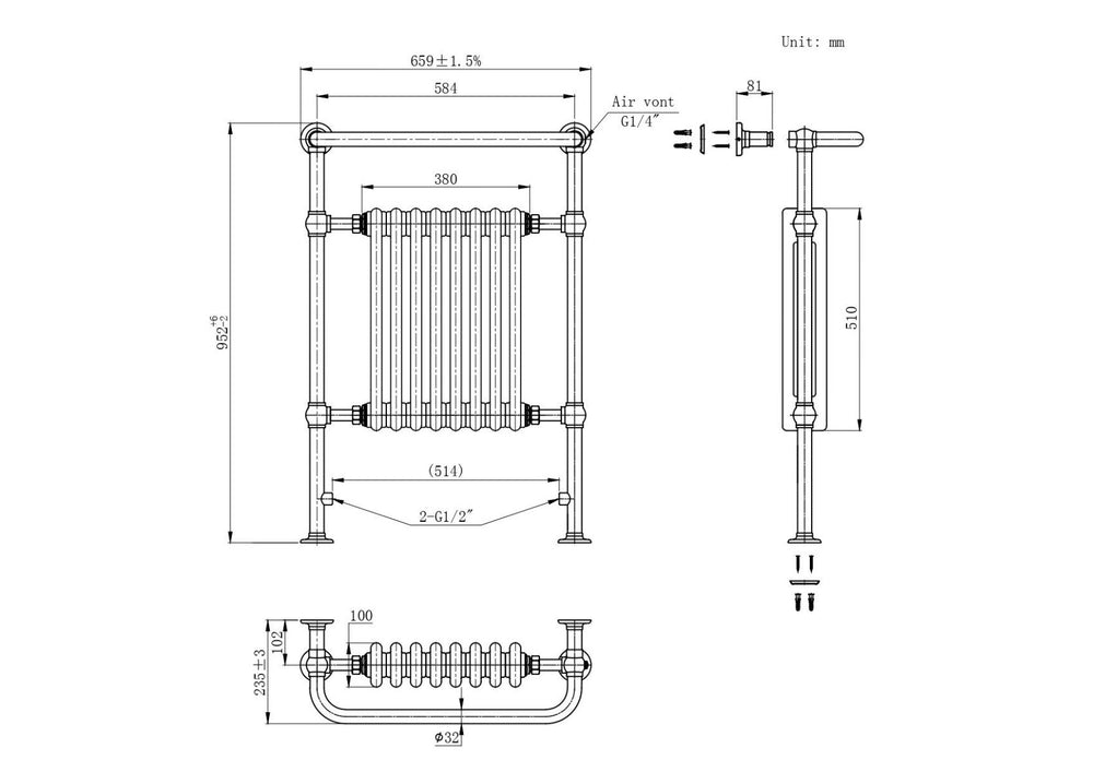 Chelsea Black & White Traditional Heated Towel Rail Radiator - 952x659mm