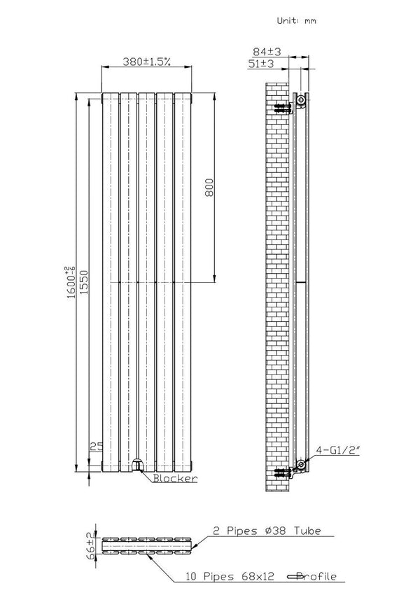 Boston White Double Panel Vertical Radiator - 1600x380mm
