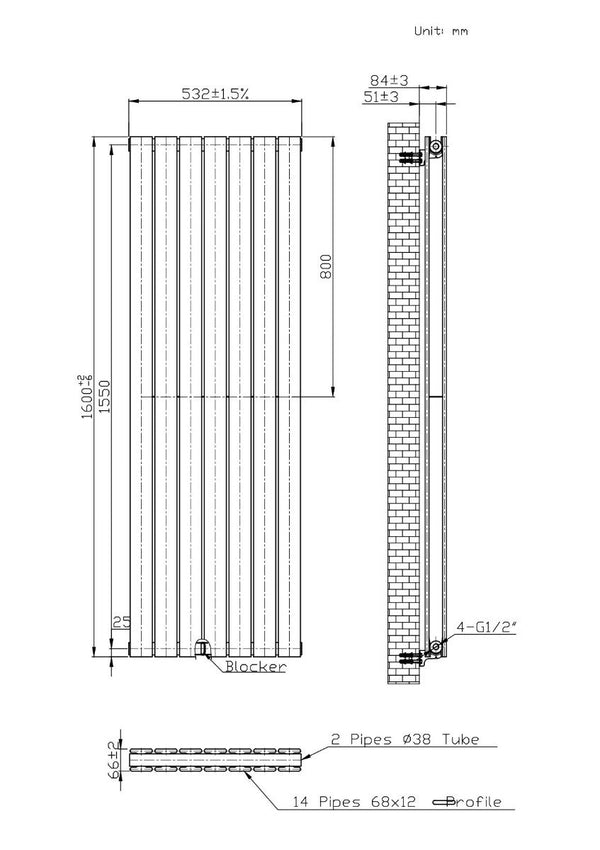 Boston White Double Panel Vertical Radiator - 1600x530mm

