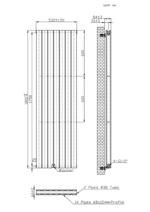 Boston Black Double Panel Vertical Radiator - 1600x380mm

