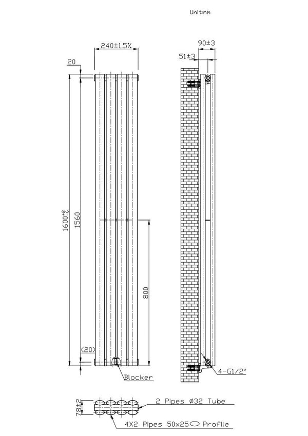 Boston Black Double Panel Vertical Radiator - 1600x240mm