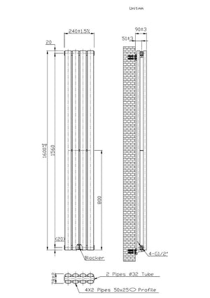 Boston White Double Panel Vertical Radiator - 1600x240mm
