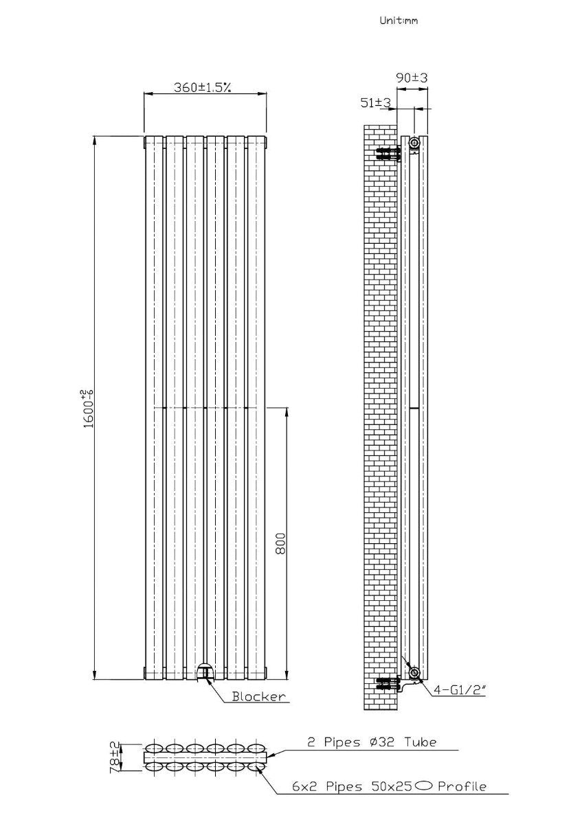 Boston Black Double Panel Vertical Radiator - 1600x360mm
