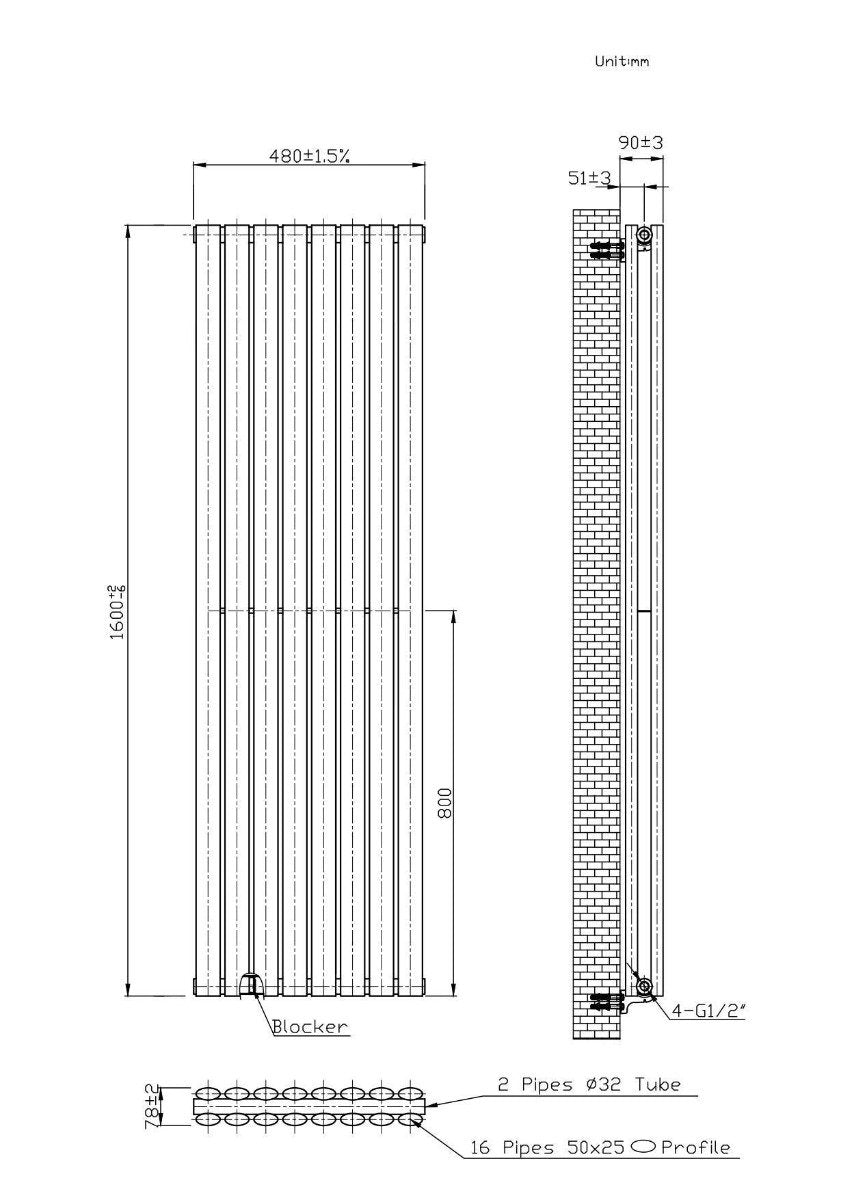 Boston Anthracite Double Panel Vertical Radiator - 1600x480mm