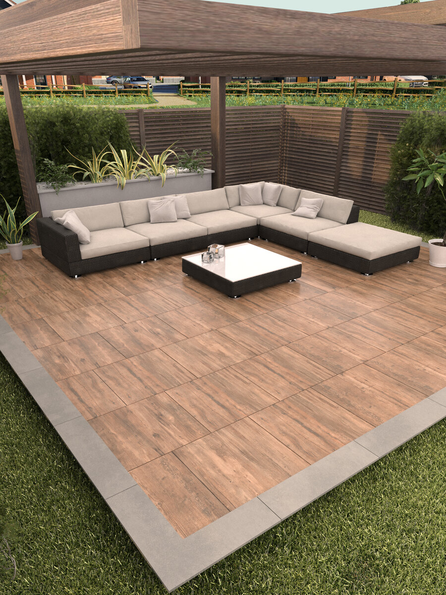 Rush Mocca Wood Effect Outdoor Porcelain Paving Slabs - 595x595mm