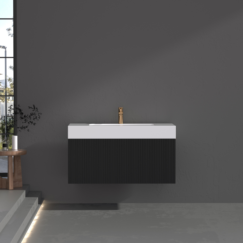 London Matt Black Fluted Bathroom Vanity WIth Stone Basin - 800mm | 900mm