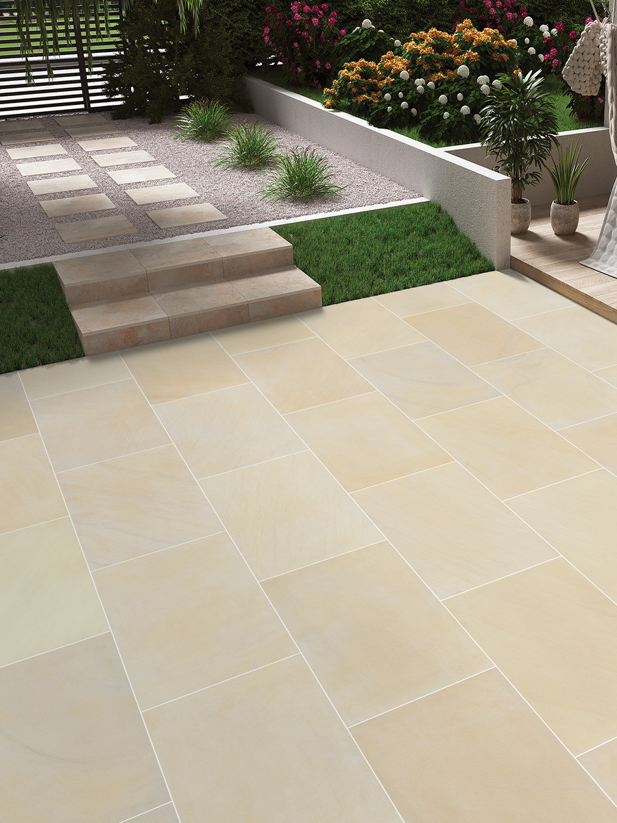 Beige Smooth Sandstone Outdoor Porcelain Paving Slabs - 900x600x20mm