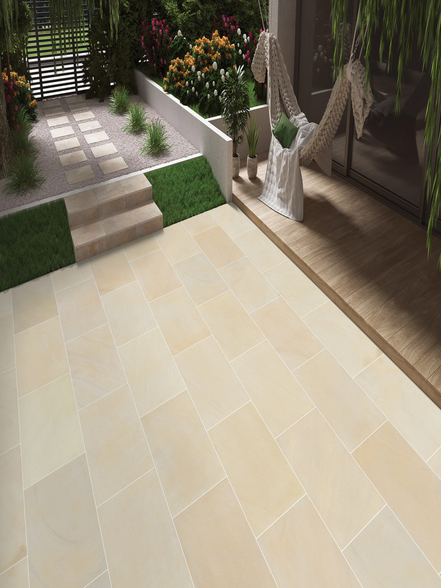 Beige Smooth Sandstone Outdoor Porcelain Paving Slabs - 900x600x20mm