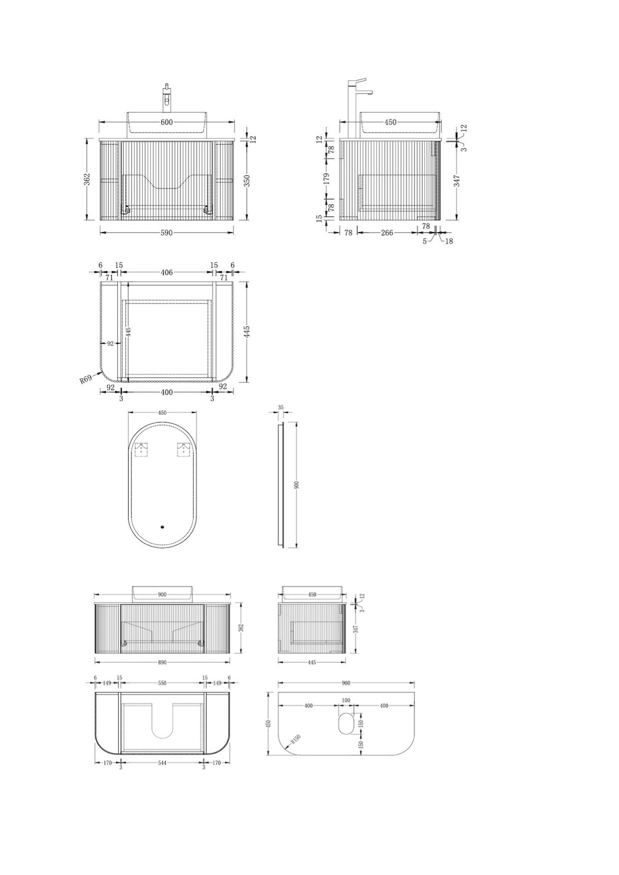 Bali Solid Wood Fluted White Vanity With/Without LED Mirror - 600mm / 750mm / 900mm