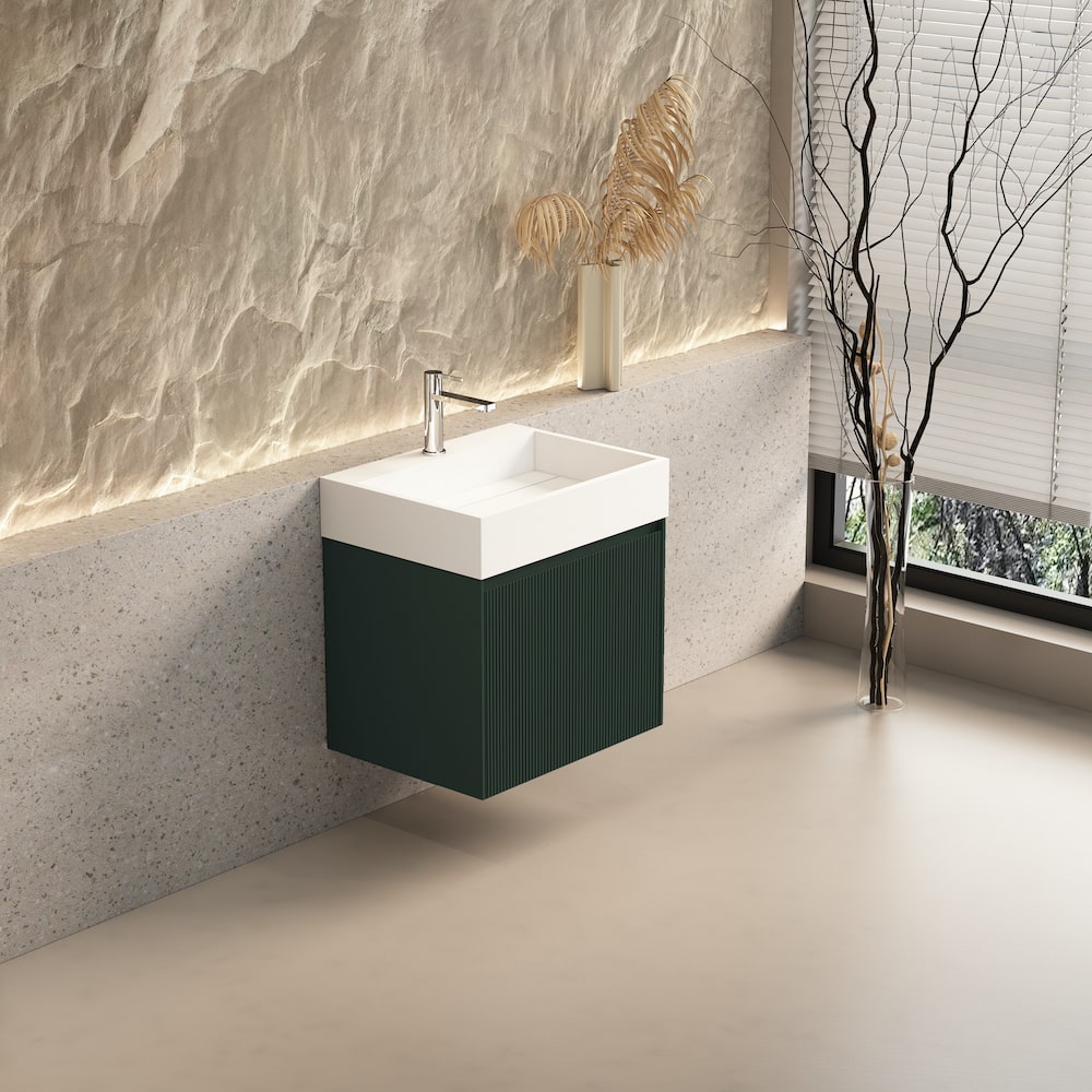 Tuscany Fluted Green Vanity With Inner Drawer and Stone Resin Basin - 600mm