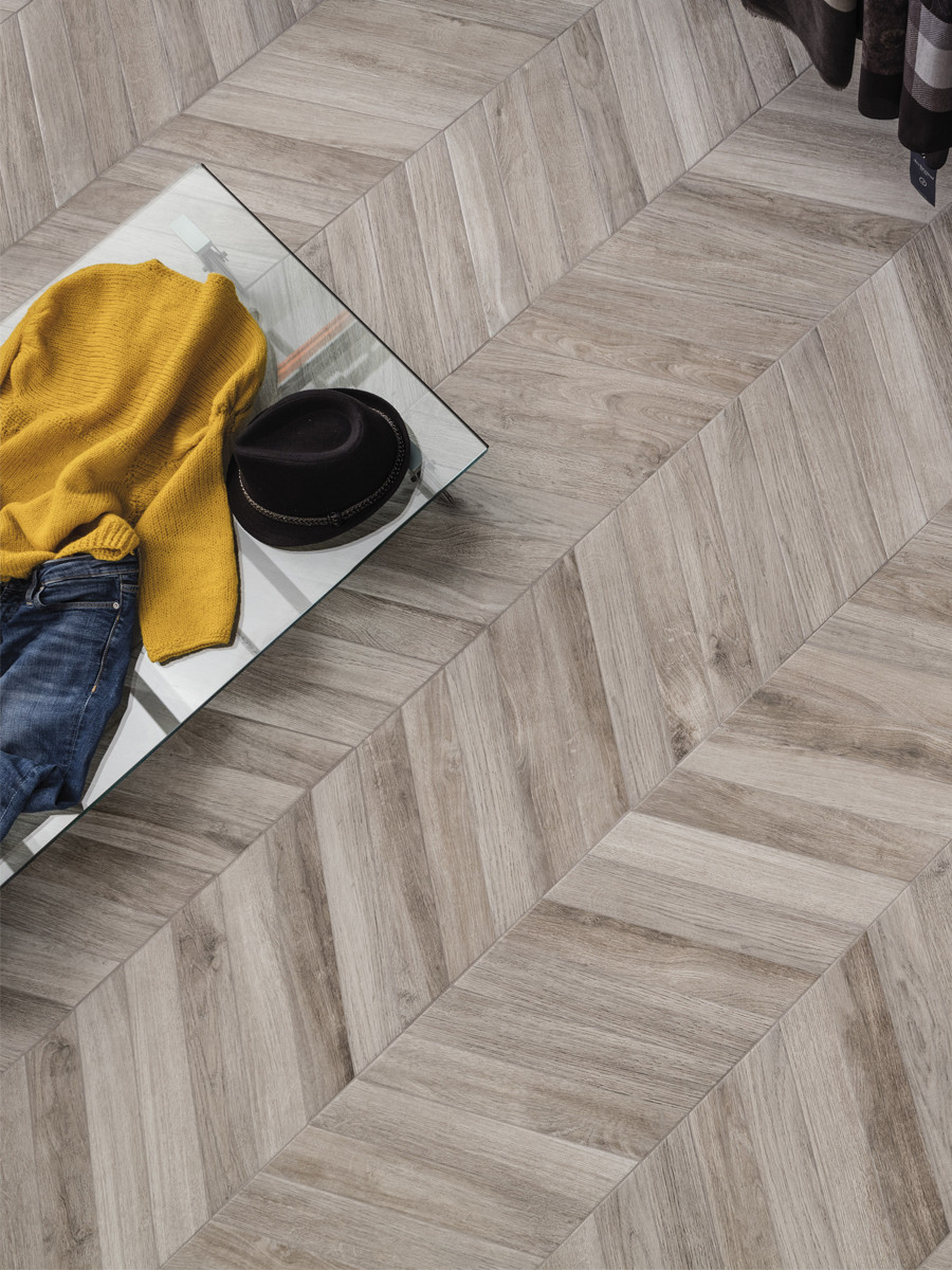 Italian Vintage Cendre Grey Chevron Wood Effect Floor Tiles - 407x75(mm)