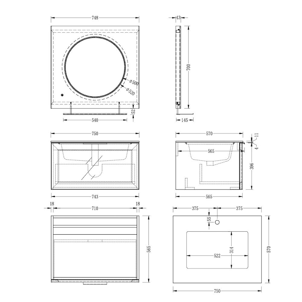 Florence Glass Drawer Vanity With Metal Shelf, Sensor Light & LED Mirror - 750mm