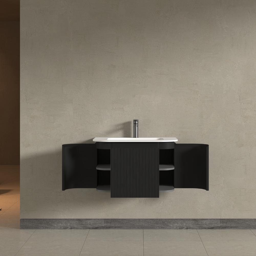 Kensington Black Wall Hung Rectangular Basin Fluted Bathroom Vanity Unit With Side Cabinets 750mm