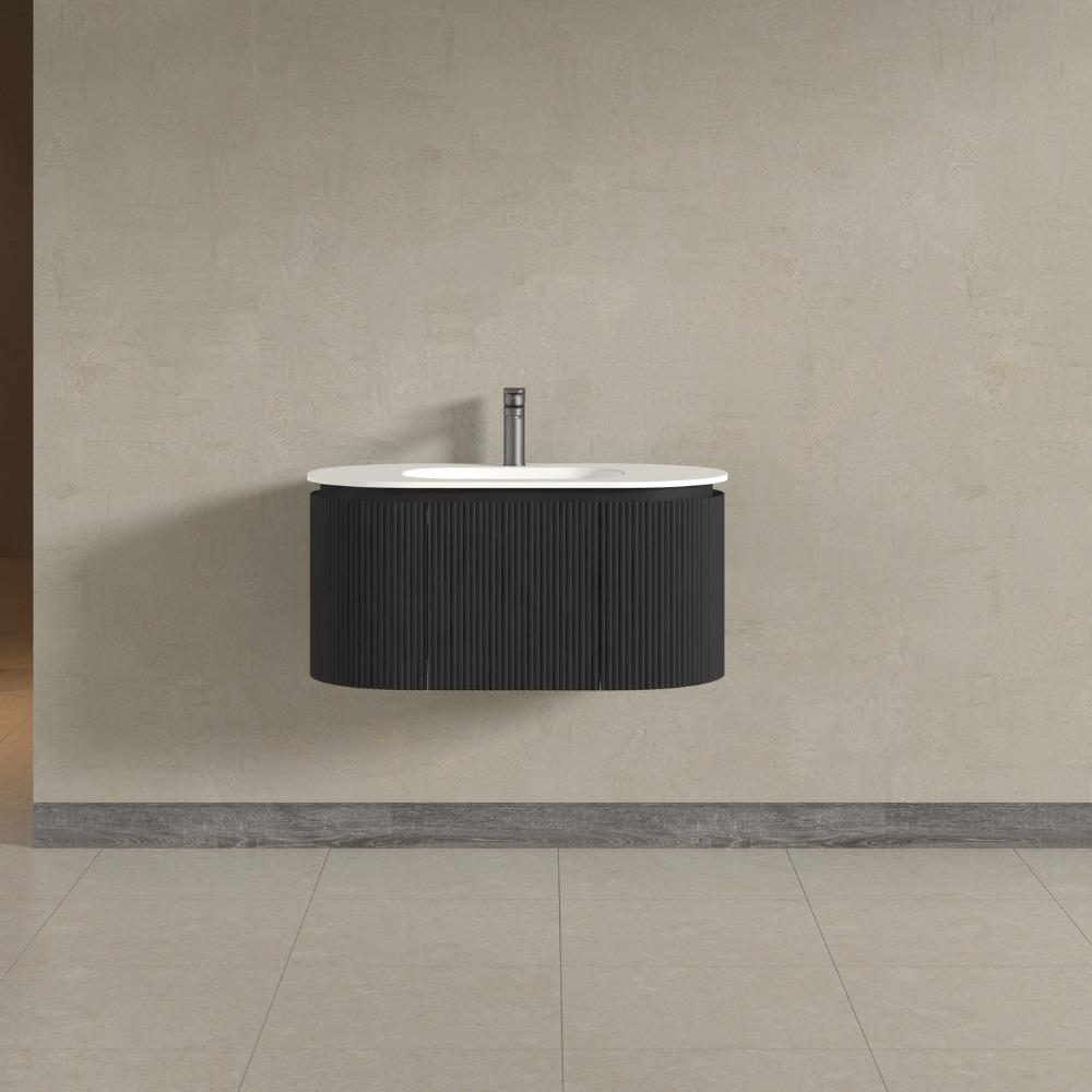 Kensington Black Wall Mounted Oval Basin Fluted Bathroom Vanity Unit With Side Cabinets 900mm