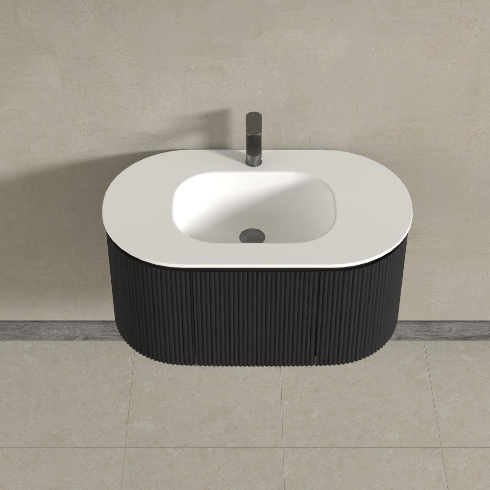 Kensington Black Wall Mounted Oval Basin Fluted Bathroom Vanity Unit With Side Cabinets 900mm