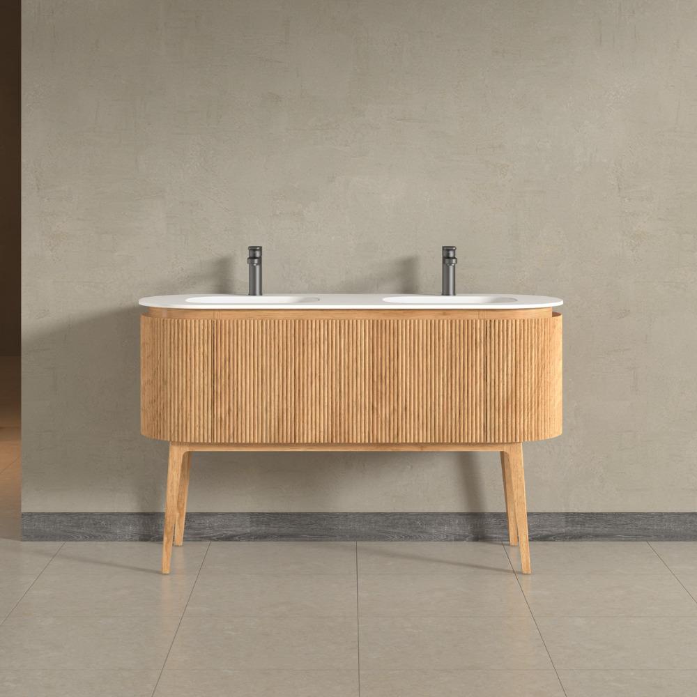 Kensington Solid Wood Floor Standing Dual Oval Basin Fluted Vanity Unit With Side Cabinets 1400mm.