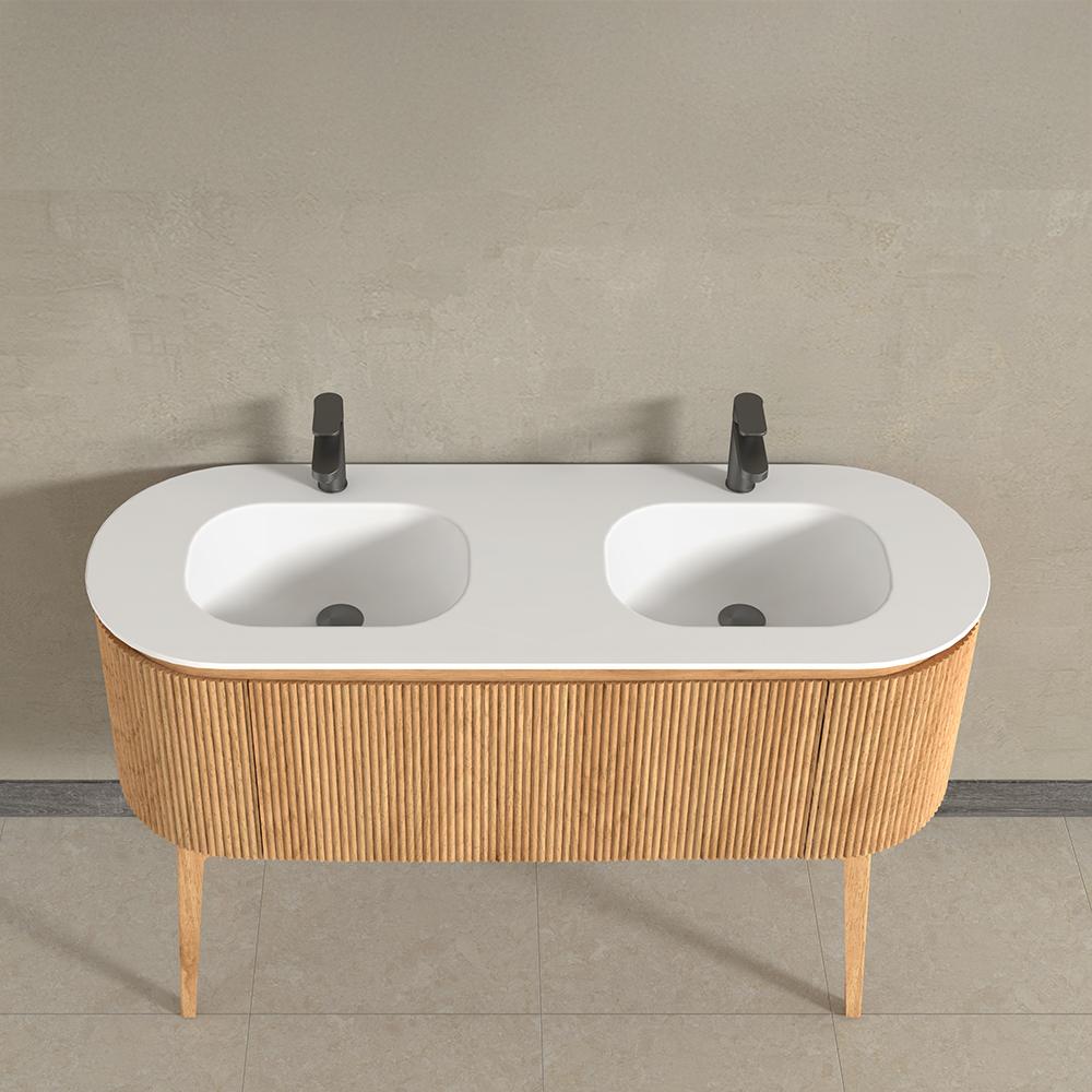 Kensington Solid Wood Floor Standing Dual Oval Basin Fluted Vanity Unit With Side Cabinets 1400mm.