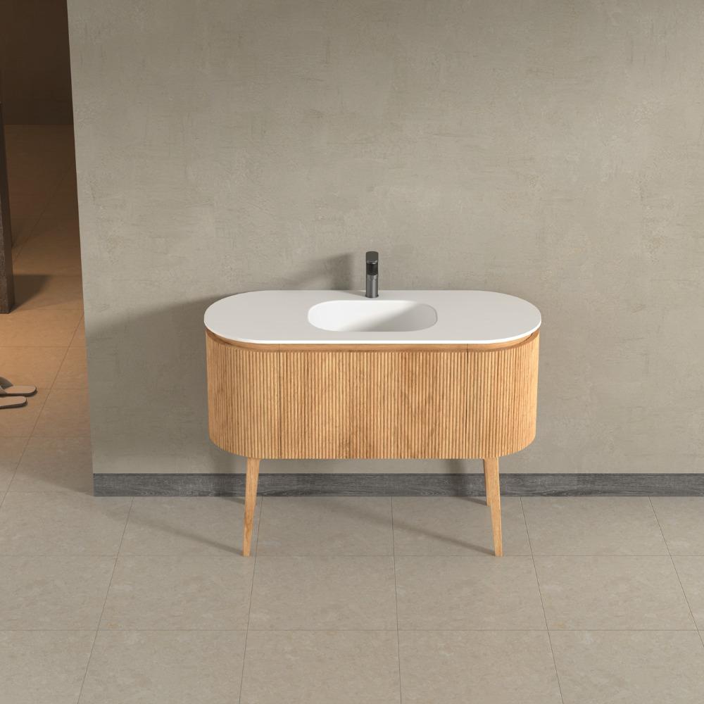Kensington Solid Wood Floor Standing Oval Basin Fluted Bathroom Vanity Unit With Side Cabinets 900mm / 1200mm
