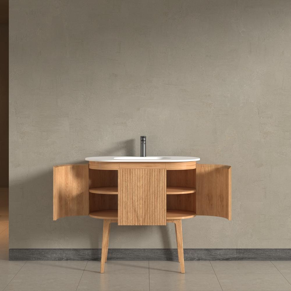 Kensington Solid Wood Floor Standing Oval Basin Fluted Bathroom Vanity Unit With Side Cabinets 900mm / 1200mm