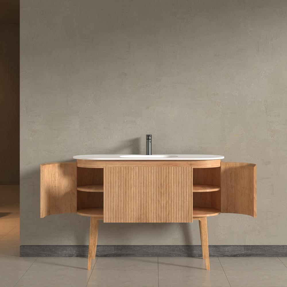 Kensington Solid Wood Floor Standing Oval Basin Fluted Bathroom Vanity Unit With Side Cabinets 900mm / 1200mm