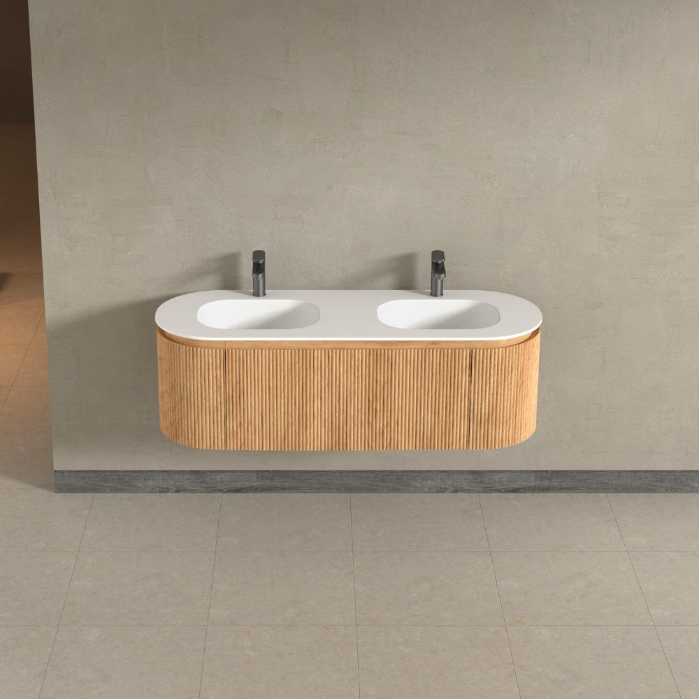 Kensington Solid Wood Wall Mounted Dual Oval Basin Fluted Bathroom Vanity Unit With Side Cabinets 1400mm.