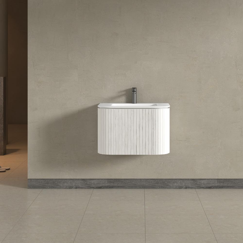 Kensington White Wall Hung Rectangular Basin Fluted Bathroom Vanity Unit With Side Cabinets 750mm
