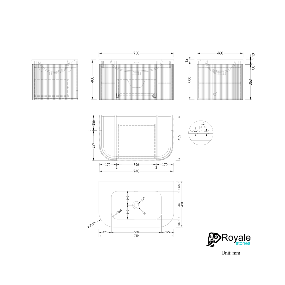 Kensington White Wall Hung Rectangular Basin Fluted Bathroom Vanity Unit With Side Cabinets 750mm