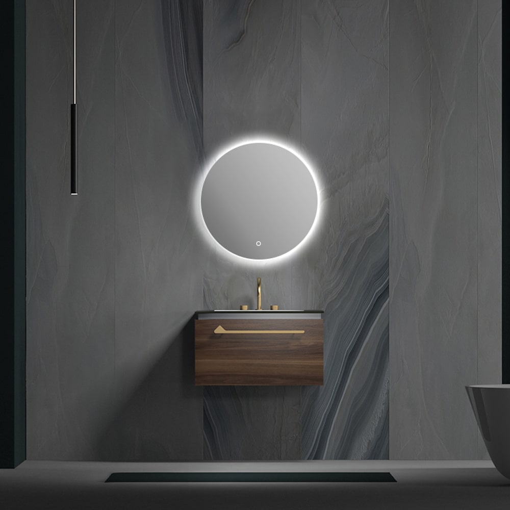 Ibero Modern Wood Vanity With Black Porcelain Top, Gold Shelf & Smart Bluetooth Mirror - 700mm